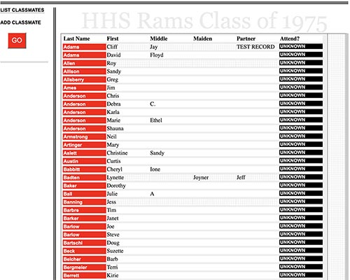 Screenshot of Web App Class List page